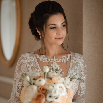 Noiva com vestido rendado e buquê em tons claros, olhando para o lado com expressão serena em ambiente elegante.