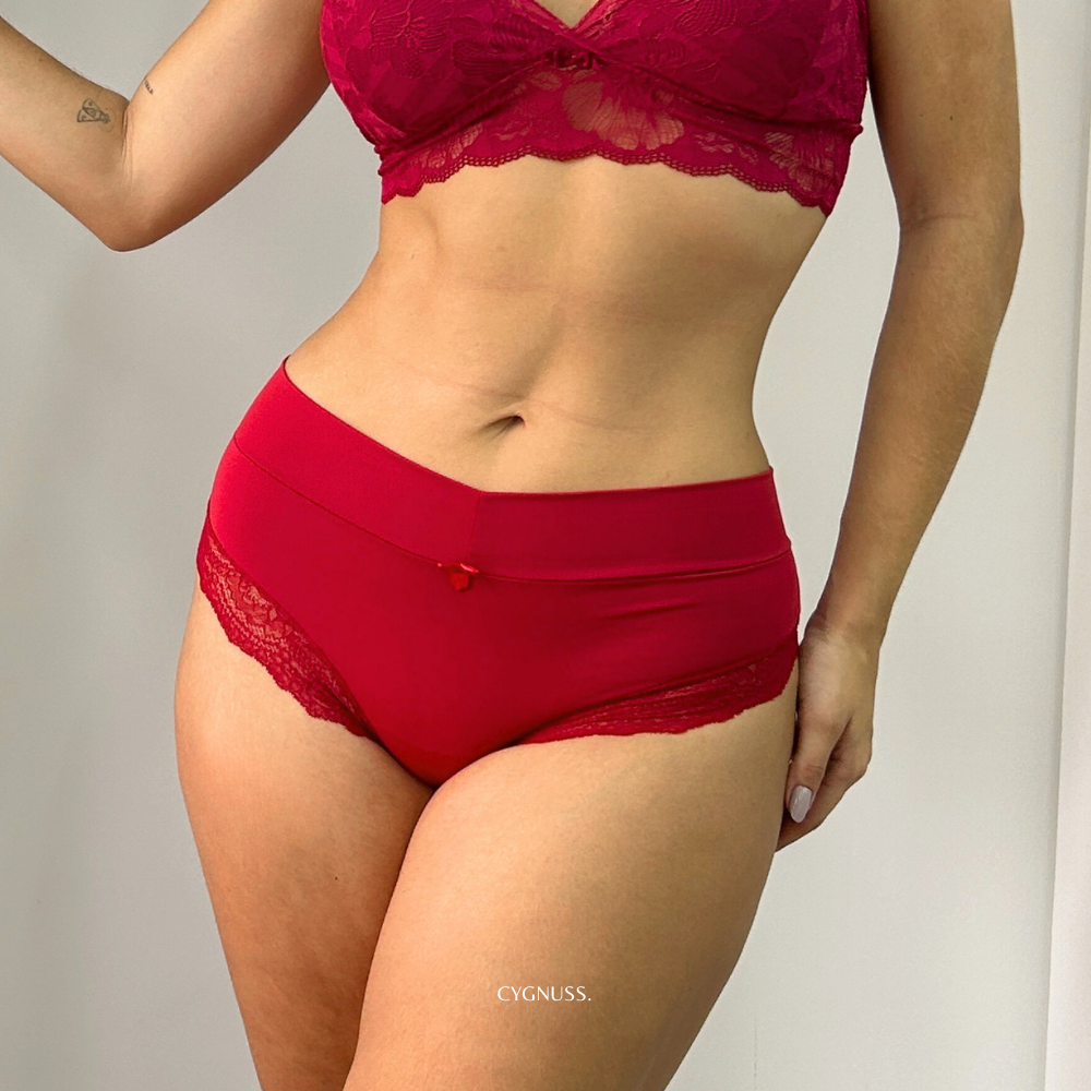 Calcinha Aurora com renda delicada em vermelho, oferece charme, conforto e sofisticação para o dia a dia feminino.