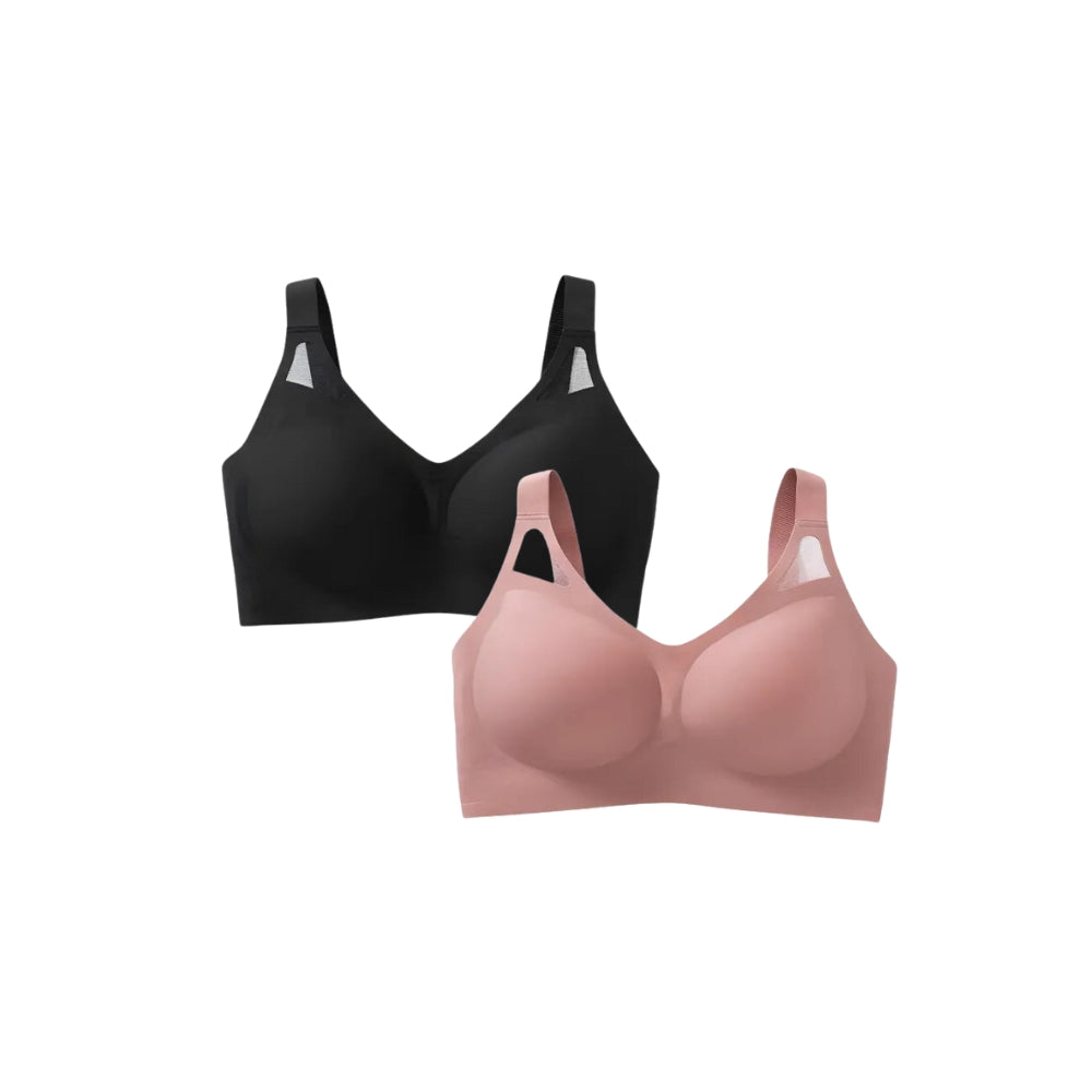 Conjunto de sutiãs sem costura preto e rosa, confortáveis e com tecnologia Cygel para sustentação superior.
