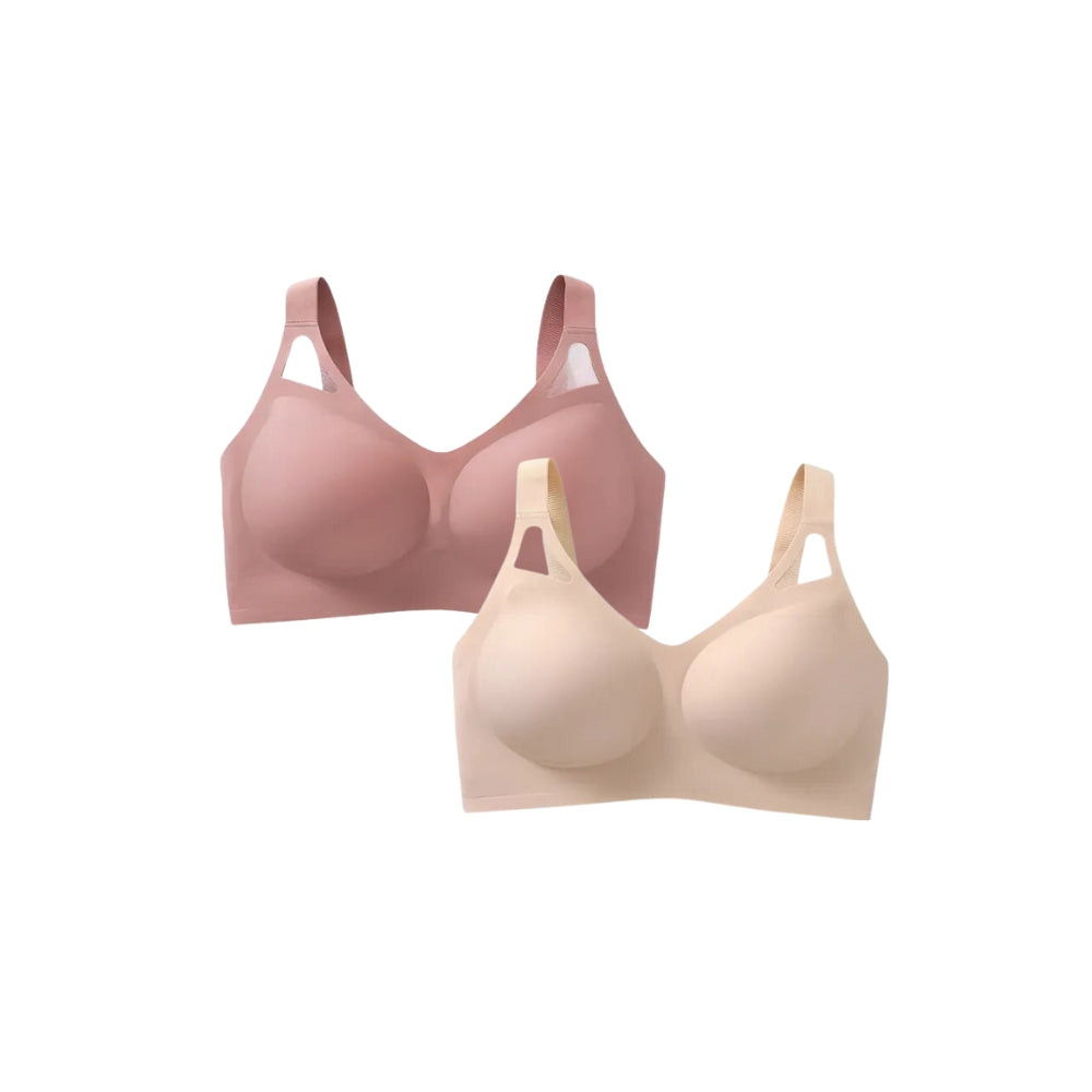 Conjunto de sutiãs sem costura em rosa e bege, com suporte e conforto para lingerie feminina.