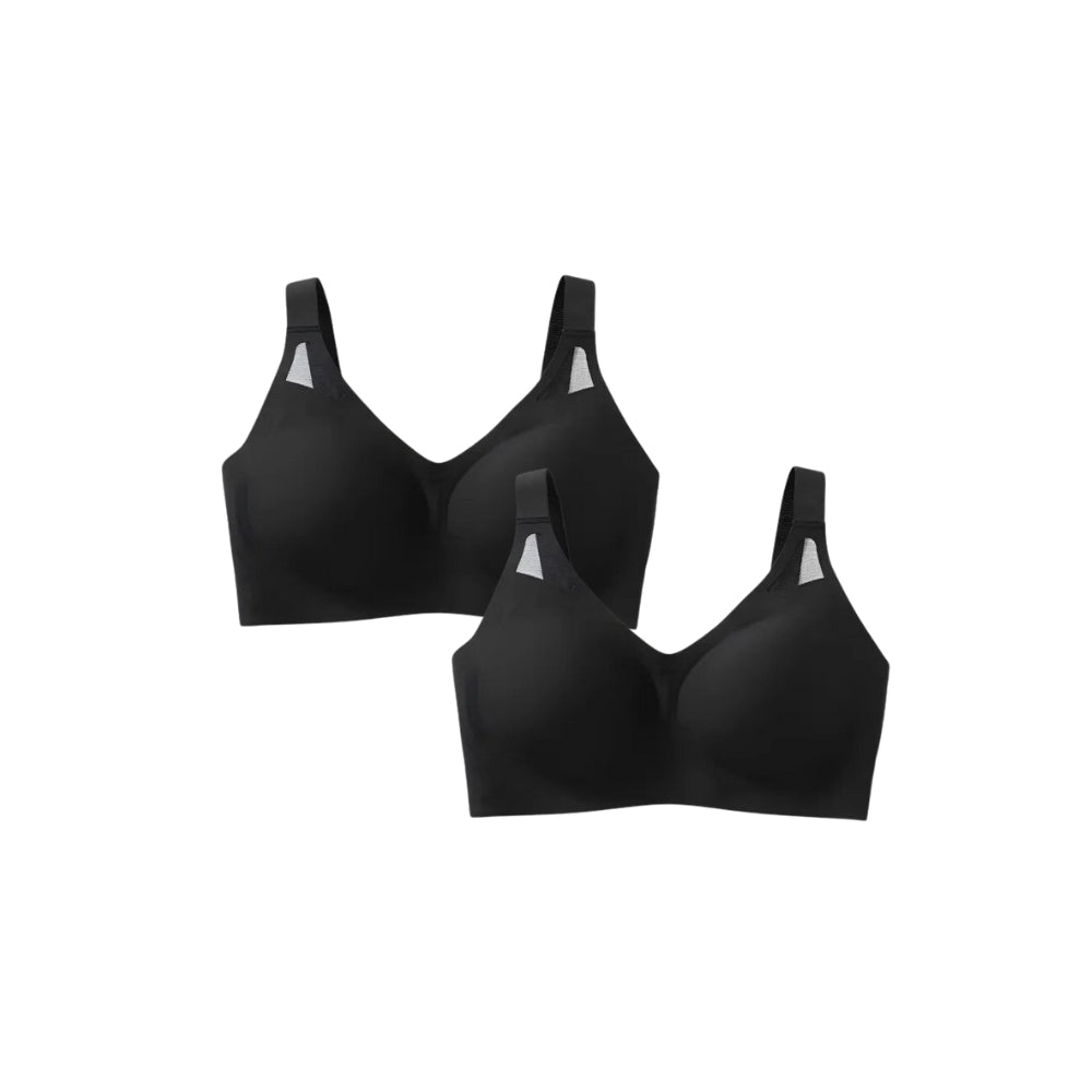 Conjunto de sutiãs pretos sem costura, oferecendo conforto e sustentação, ideal para lingerie feminina.