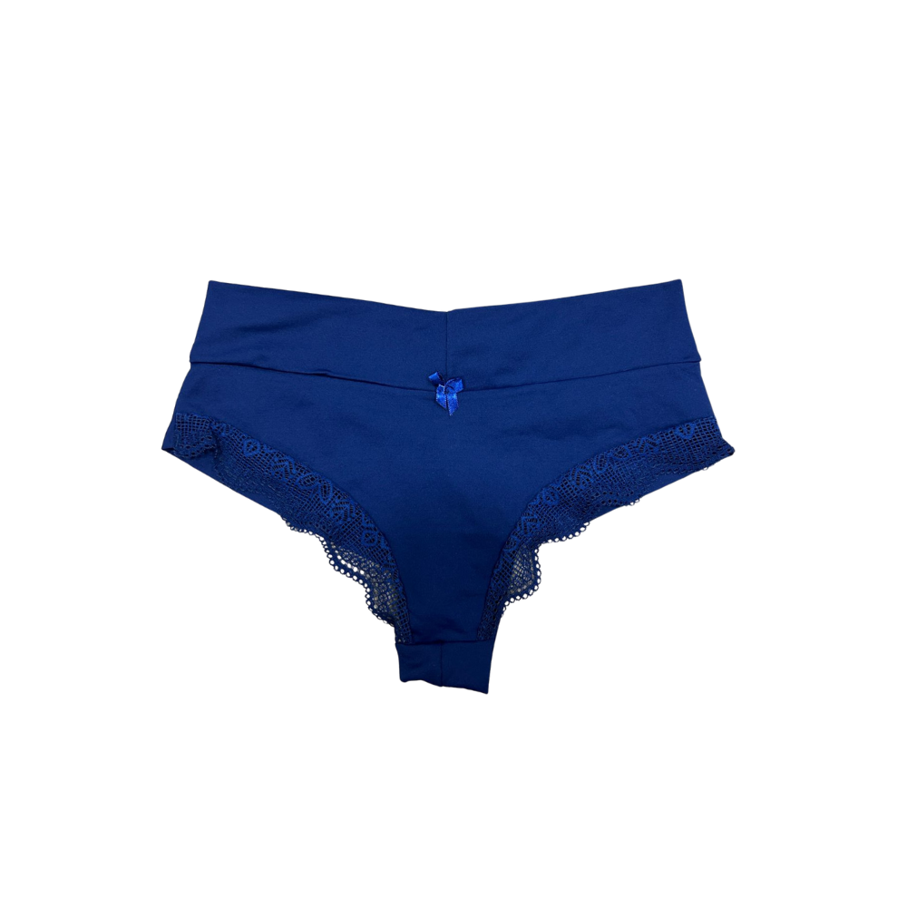 Calcinha Aurora em azul com renda delicada, destacando conforto e sofisticação para o dia a dia feminino.