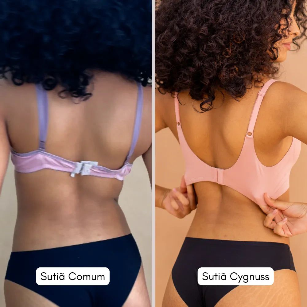 Comparação entre um sutiã comum e o Sutiã Alça Fina Cygnuss na cor rose, destacando o fecho reforçado e o caimento suave sem apertar.
