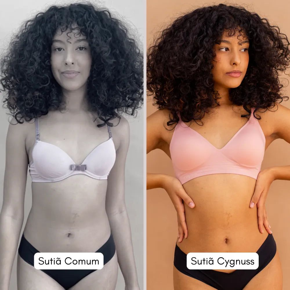 Comparação entre um sutiã comum e o Sutiã Alça Fina Cygnuss na cor rose, mostrando a diferença na sustentação, modelagem e ajuste anatômico.