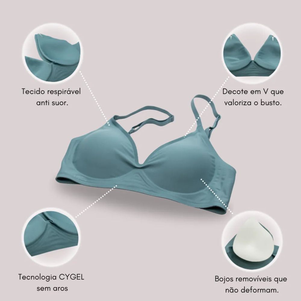 Imagem do Sutiã Alça Fina Cygnuss na cor verde, com destaque para o tecido respirável anti suor, bojos removíveis, tecnologia Cygel sem aros e decote em V que valoriza o busto.