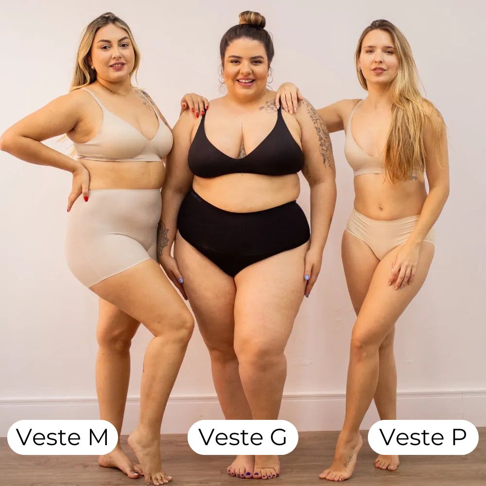 Três mulheres de diferentes biotipos vestindo o Sutiã Alça Fina Cygnuss em preto e nude, destacando a variedade de tamanhos disponíveis: M, G e P.