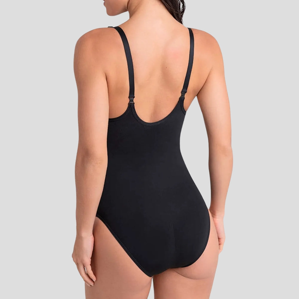 Body Modelador Slim preto nas costas, ajuste perfeito para conforto e sustentação, lingerie feminina elegante e respirável da Cygnuss e Lupo.