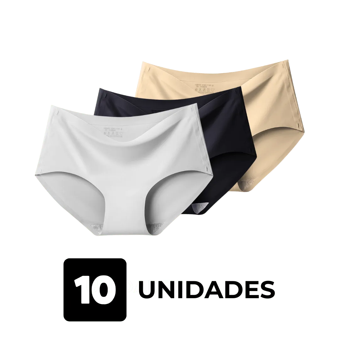 magem de três calcinhas sem costura da Cygnuss nas cores branca, preta e bege, sobre fundo transparente. A composição representa um kit com 10 unidades, destacando a variedade de cores e o conforto das peças.