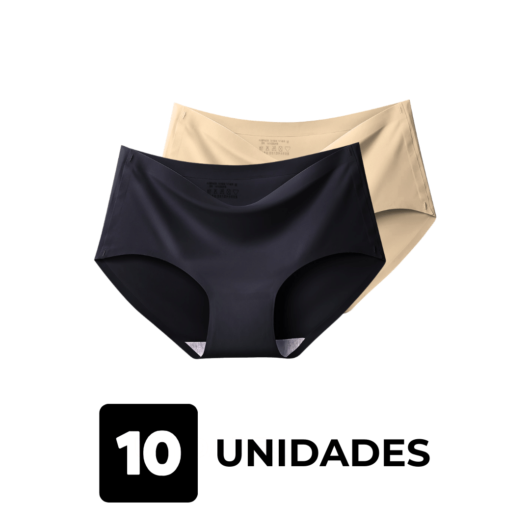 Imagem de duas calcinhas sem costura da Cygnuss, uma na cor preta e outra na cor bege, sobre fundo transparente. A imagem representa um kit com 10 unidades, destacando o conforto e a versatilidade das cores.