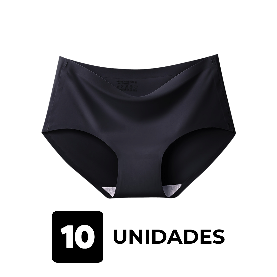 Imagem de uma calcinha preta sem costura da Cygnuss sobre fundo transparente, representando um kit com 10 unidades. O design confortável e discreto é ideal para o dia a dia.