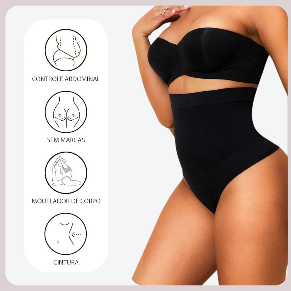 Modelo usando a Calcinha Modeladora Juliette preta da Cygnuss, com destaque para os benefícios: controle abdominal, modelagem da cintura, sem marcas e ajuste perfeito — ideal para compor um kit modelador completo.