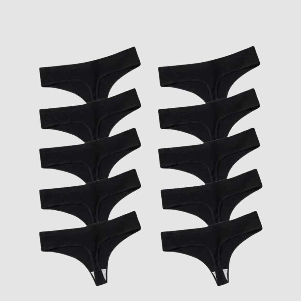 Kit com 10 calcinhas fio dental pretas em tecido canelado, organizadas em duas colunas sobre fundo cinza claro. As peças possuem modelagem anatômica, cós largo e forro interno, destacando-se pelo visual básico e confortável.