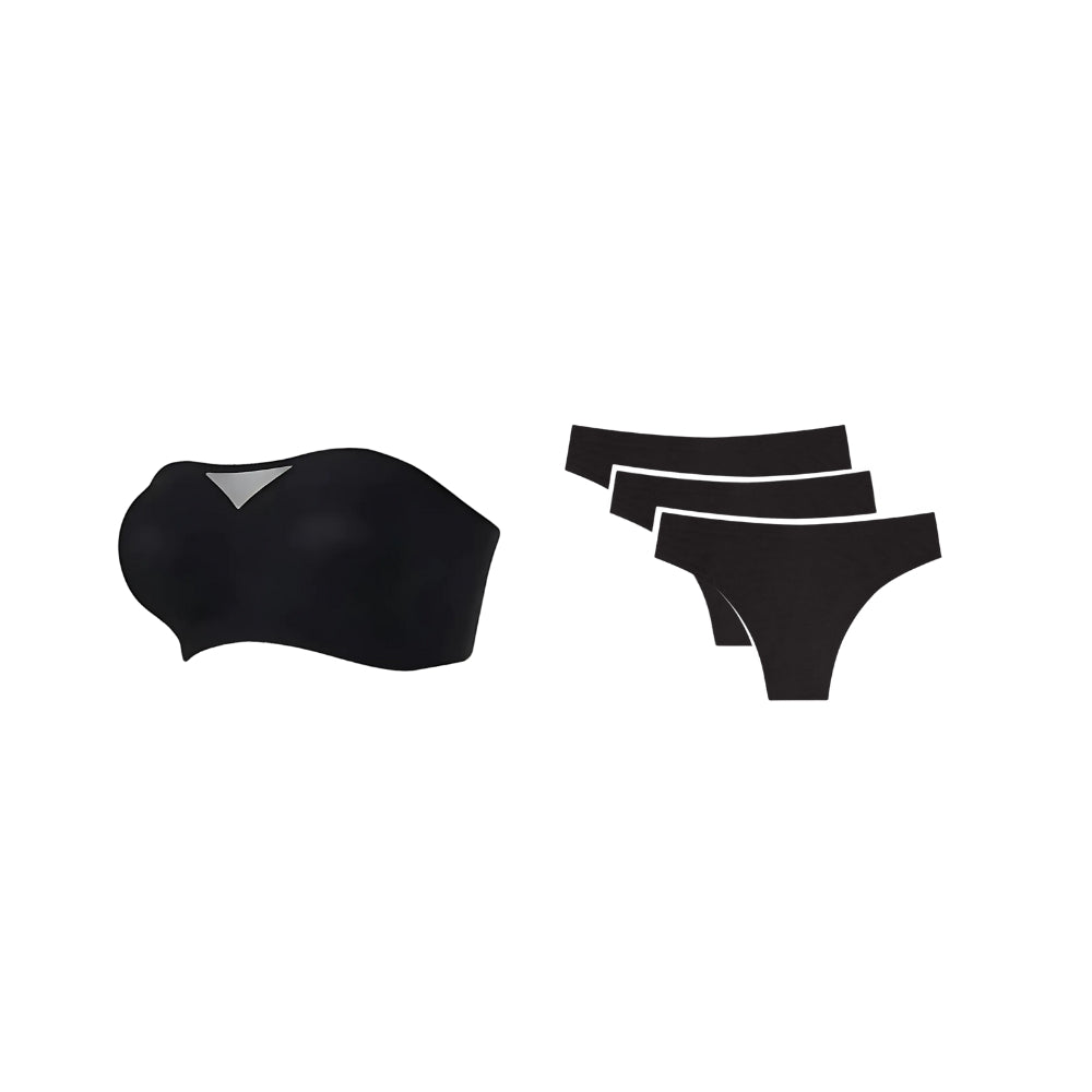 Kit Cygnuss com sutiã tomara que caia preto e três calcinhas pretas sem costura, ideal para o dia a dia com conforto e acabamento invisível.
