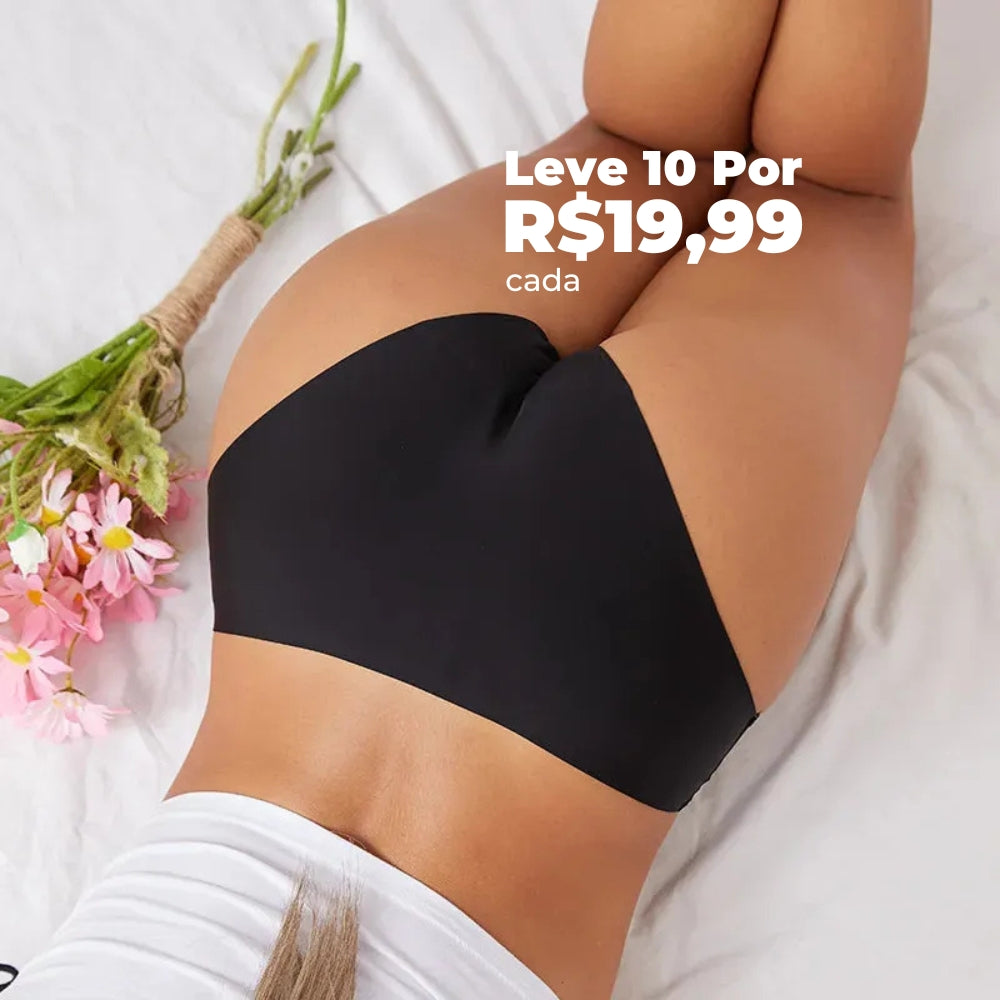 Mulher deitada de bruços vestindo uma calcinha preta sem costura da Cygnuss. Ao lado, há um buquê de flores e um texto promocional destacando a oferta de 10 unidades por R$19,99 cada.