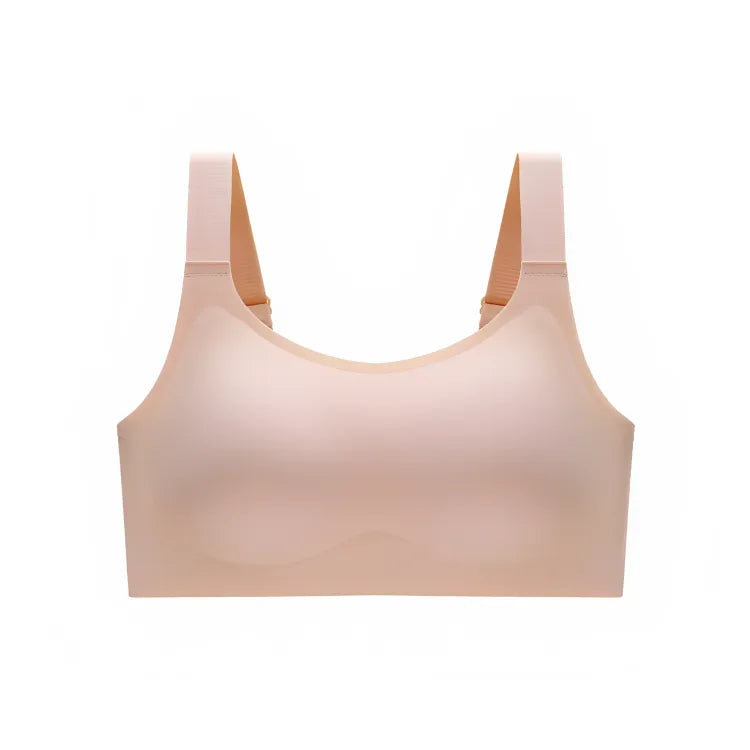 Sutiã bege sem costura Cygnuss, visto de frente, com modelagem confortável e alças largas.