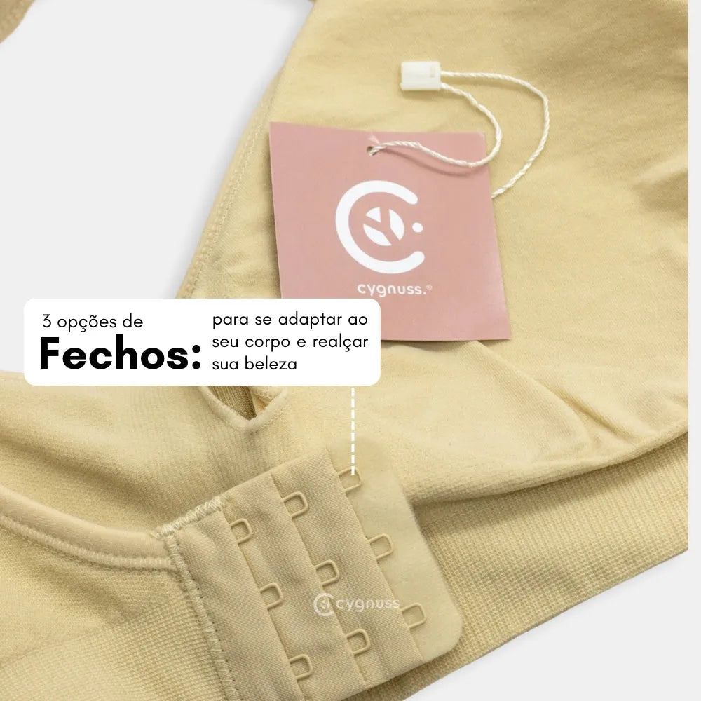 Detalhe do Sutiã Daily Original na cor bege, mostrando o fecho ajustável com três opções para melhor adaptação ao corpo, garantindo conforto e suporte personalizado