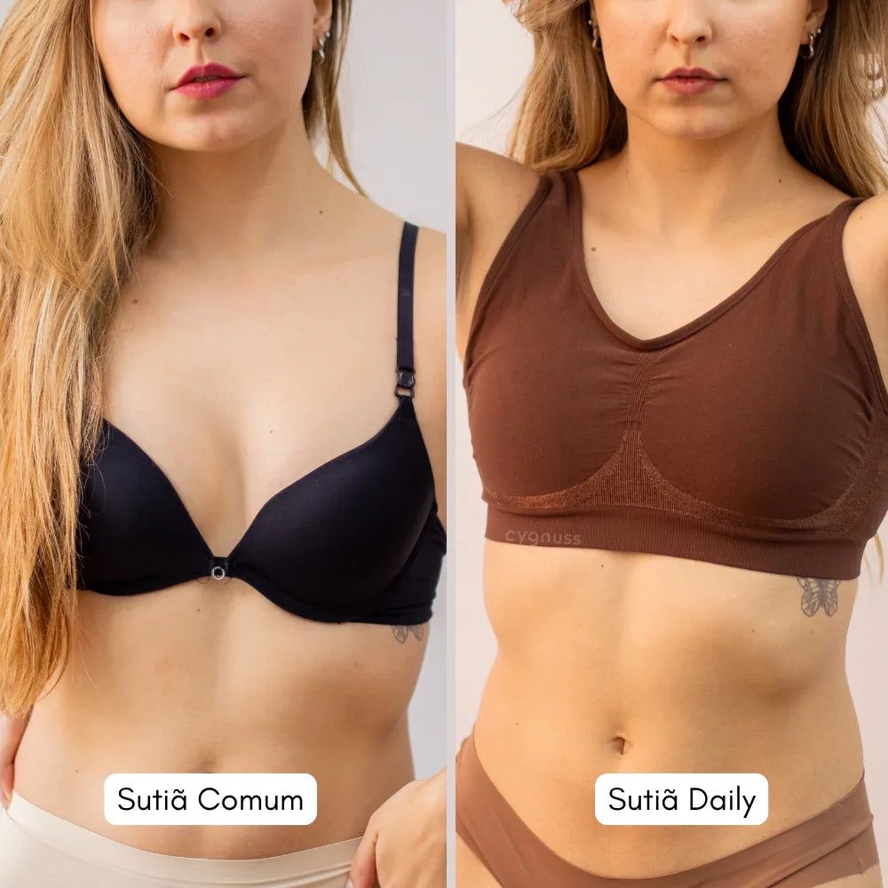 Close-up do Sutiã Daily Original na cor marrom, destacando a suavidade do tecido, o acabamento sem costura e o design inovador do bojo removível para conforto diário.