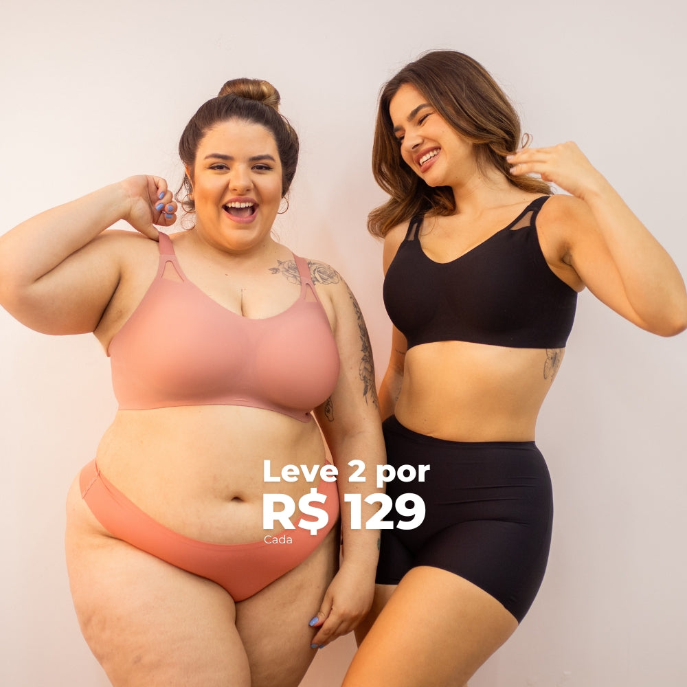 Duas mulheres sorrindo com sutiães confortáveis e calcinhas modeladoras em promoção: leve 2 por R$ 129.