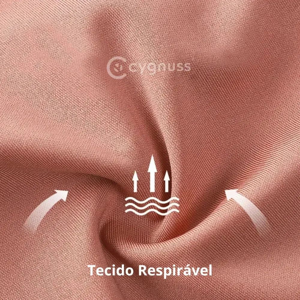 Close no tecido rosé do Sutiã FIT, com textura suave e leve franzido. A imagem destaca o benefício “Tecido Respirável” com setas indicando ventilação e fluxo de ar, representando a tecnologia que garante frescor e conforto ao longo do dia.