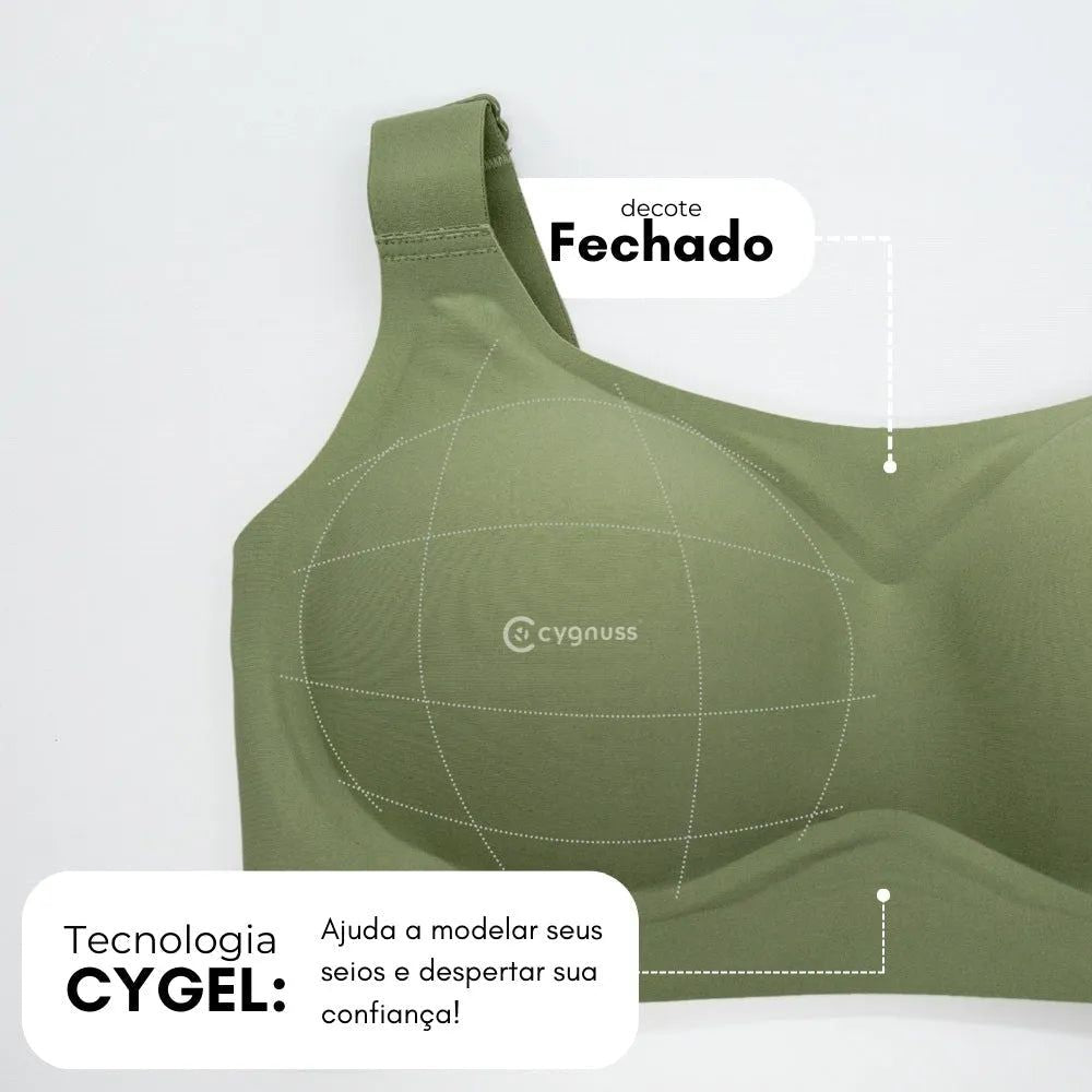 Sutiã premium reforçado com tecnologia CYGEL na cor verde, oferecendo modelagem e sustentação superiores.