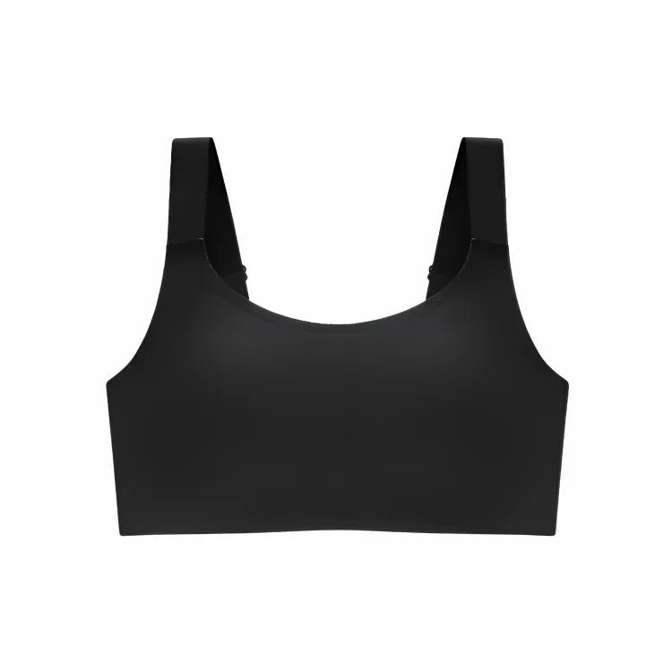 Sutiã preto sem costura Cygnuss, visto de frente, com alças largas e modelagem ajustável.