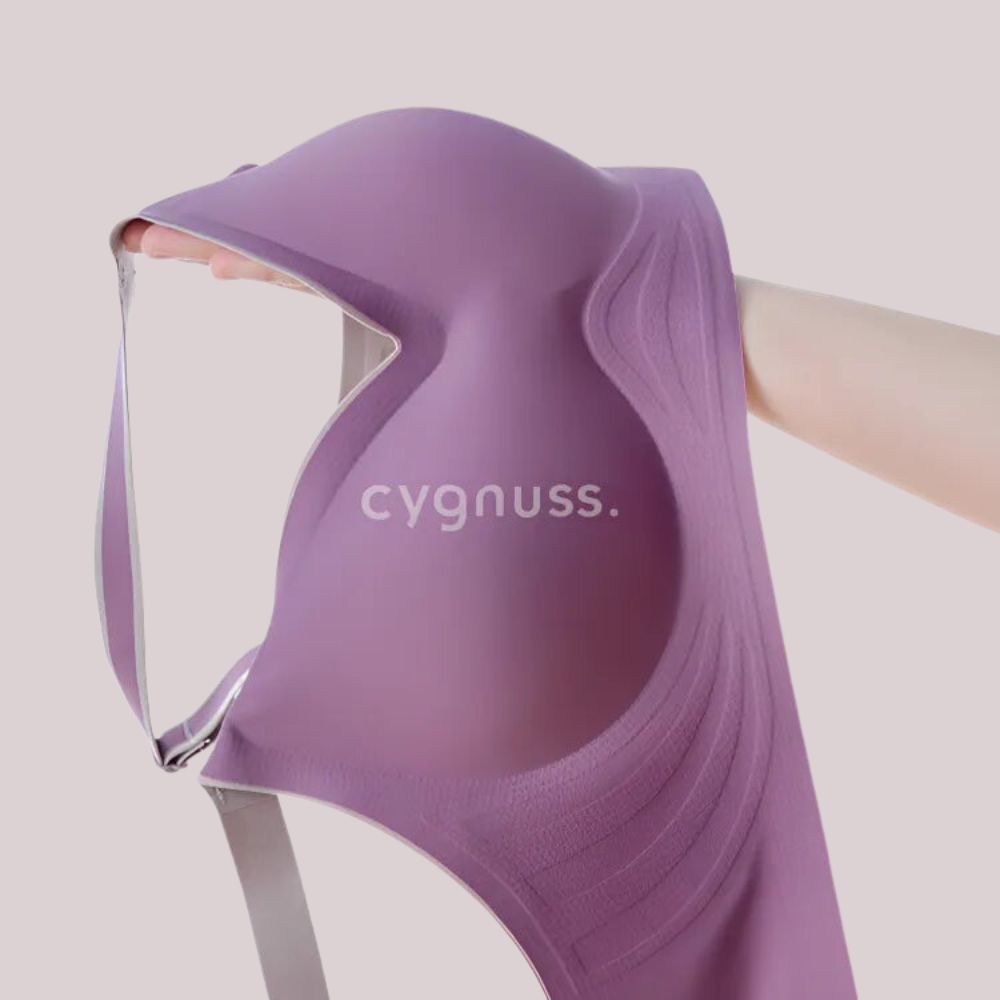 Sutiã Cygnuss com cygel ajustáveis e fecho removível, mostrando a versatilidade do produto, em cores cinza e roxo.