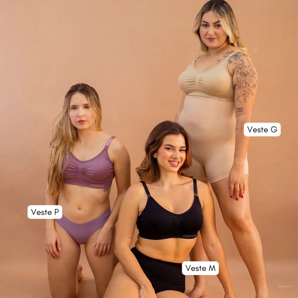 Modelos exibindo sutiã Liberty para amamentação, disponível em tamanhos P, M e G, com bojo removível e conforto premium.