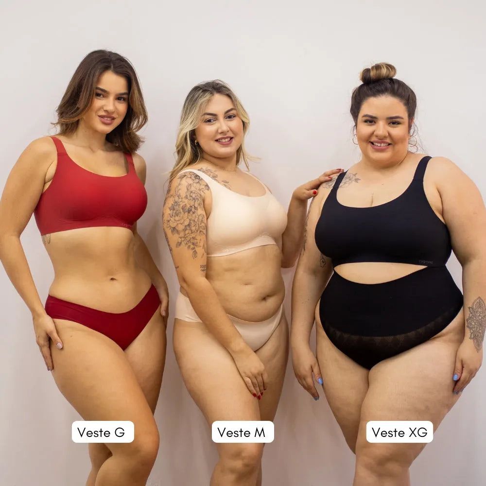 Três mulheres de diferentes biotipos vestindo sutiãs premium Cygnuss em cores vermelha, nude e preta, demonstrando a versatilidade dos tamanhos G, M e XG.