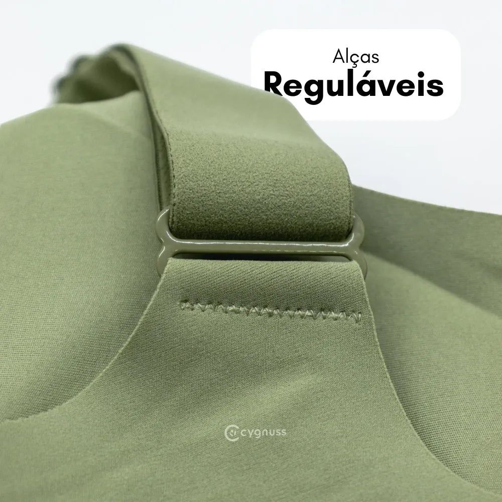 Detalhe do sutiã premium verde Cygnuss com alça regulável e costura reforçada, garantindo ajuste personalizado e maior conforto para o uso diário.