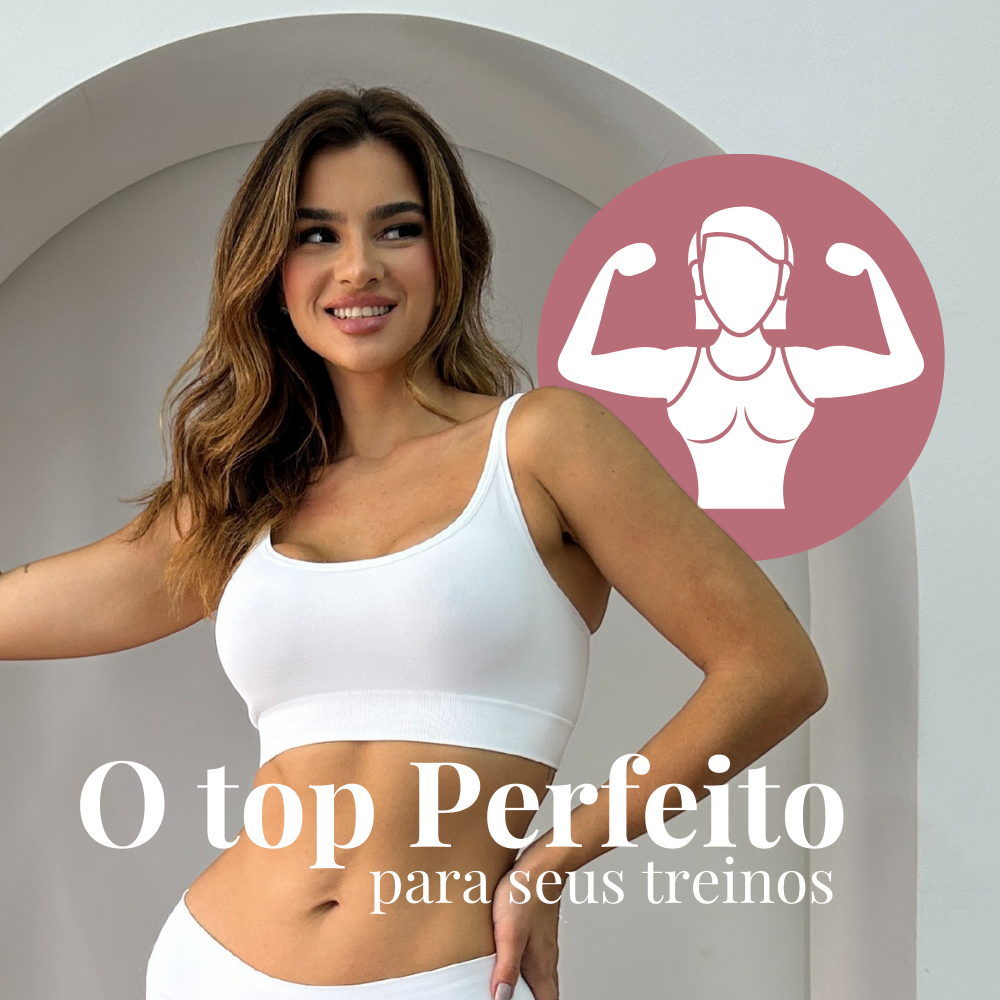 Mulher vestindo o Top Power na cor branca da Cygnuss, sorrindo enquanto posa em um fundo minimalista com arco decorativo. Um ícone rosé de uma figura feminina musculosa complementa a imagem, reforçando o conceito de desempenho e suporte para treinos. O texto "O top Perfeito para seus treinos" destaca a funcionalidade e conforto da peça.