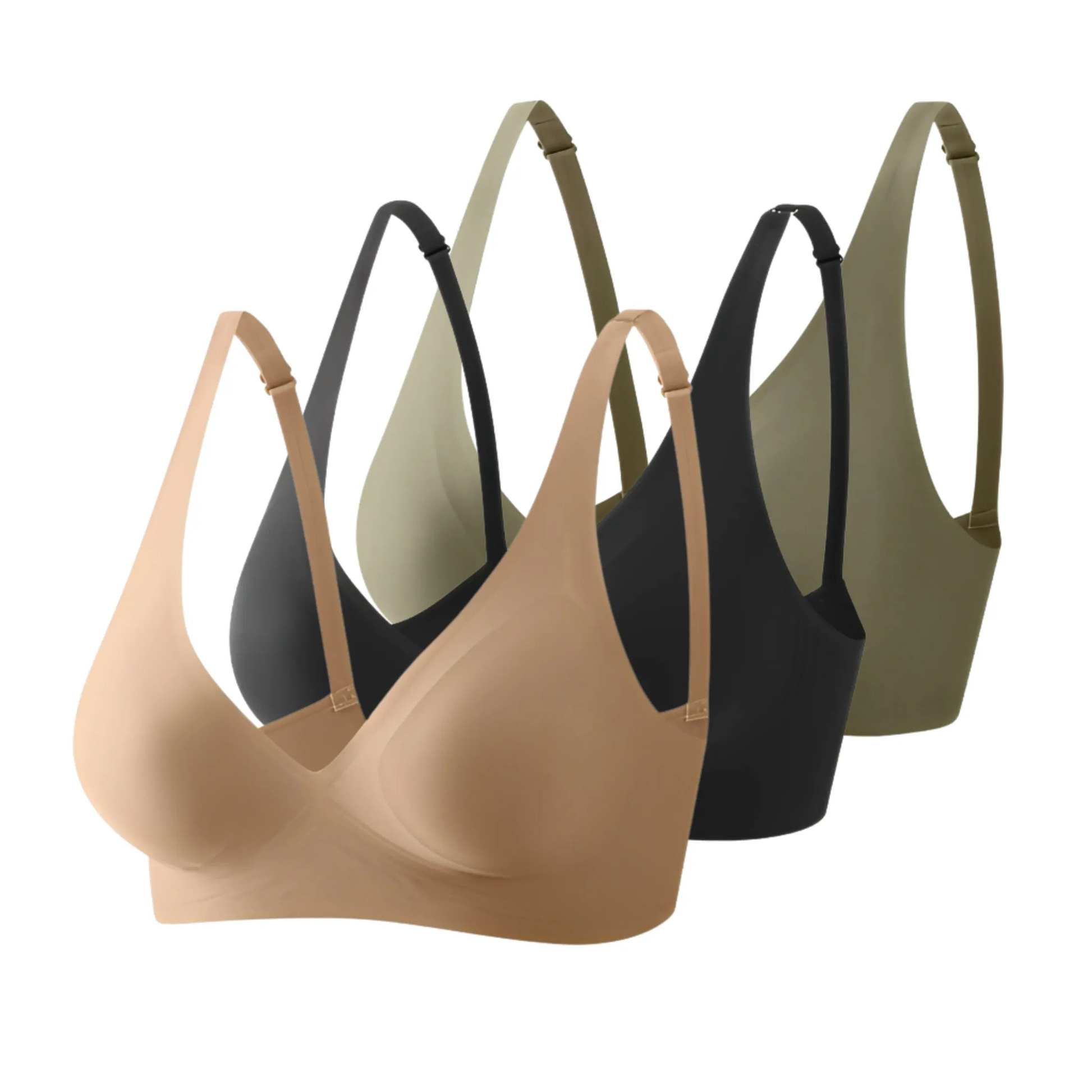 Experimente o sutiã que une conforto e estilo com maestria: o Sutiã Fit kit com tres, bege, preto e verde