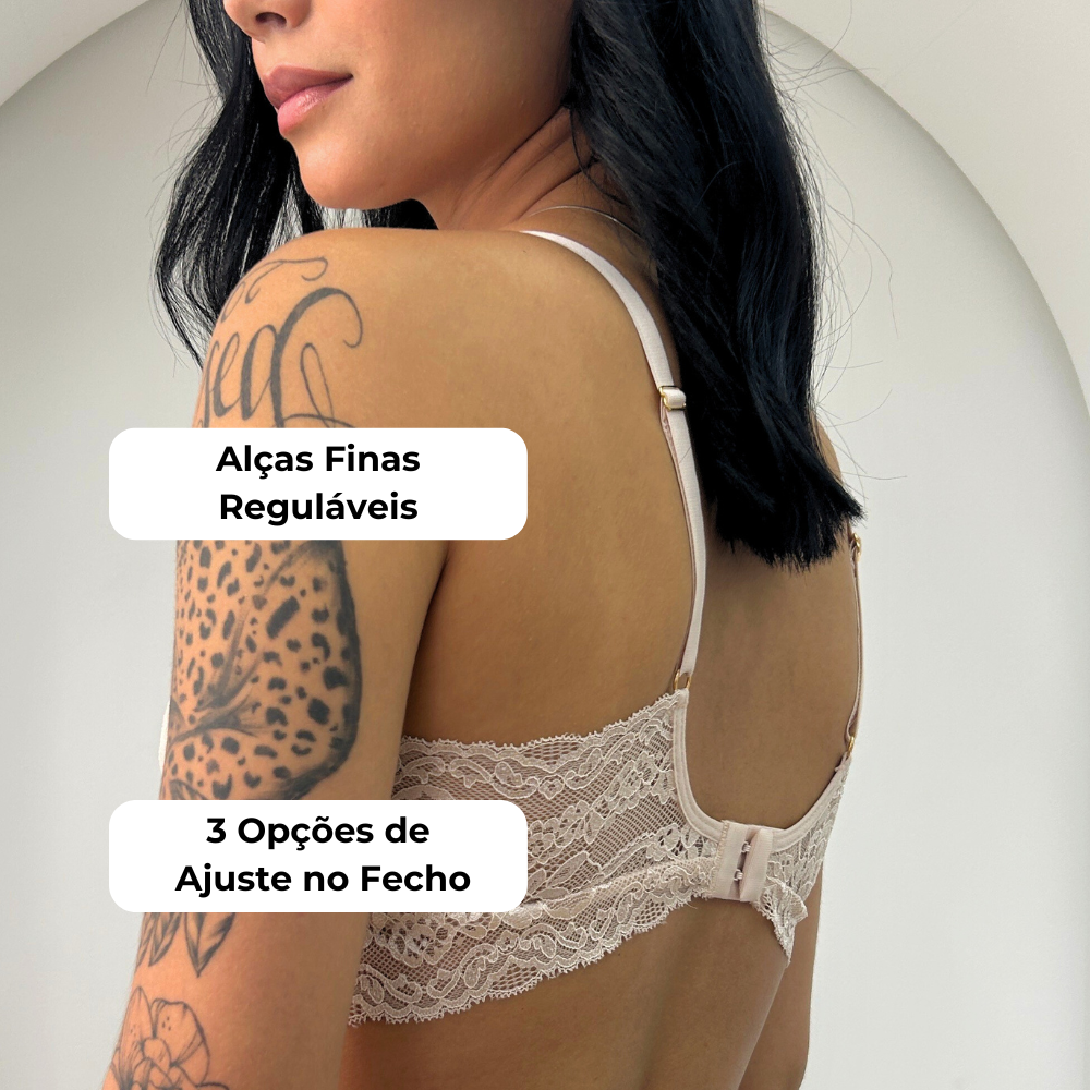 Detalhe do Sutiã Aurora Cygnuss com alças finas ajustáveis e fecho com três opções de ajuste, garantindo personalização no caimento.