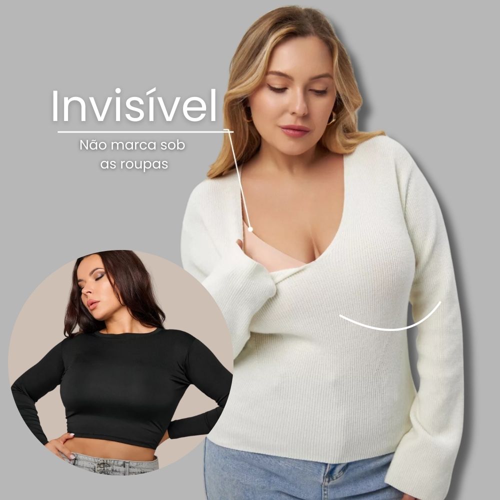 Modelo vestindo blusa branca sobre o Sutiã Premium Reforçado Cygnuss, mostrando que ele não marca sob as roupas e oferece conforto discreto.