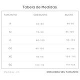 Tabela de medidas de sutiã com tamanhos P a EG, mostrando circunferências sob busto e busto em centímetros.
