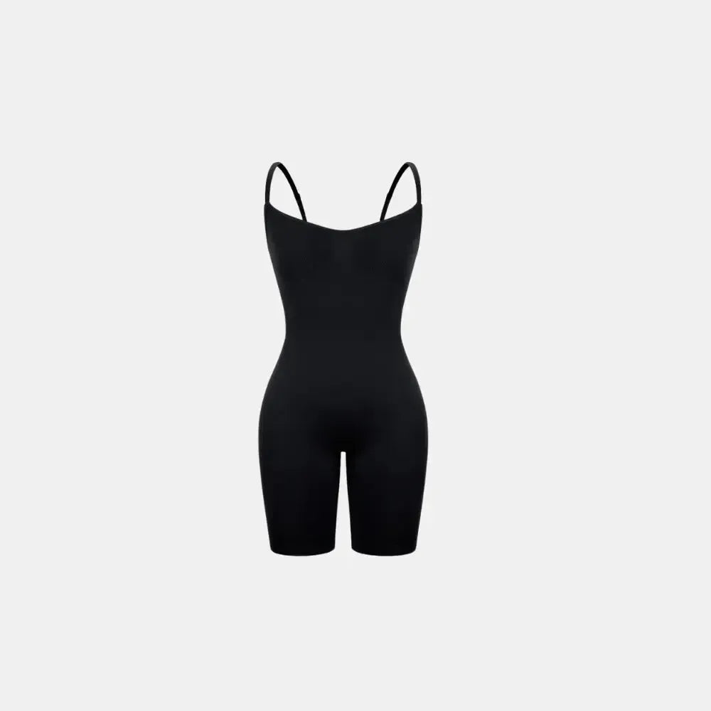 Body Elegance Modelador preto, exibido na vista frontal, destacando o design de alças finas e a modelagem sem costuras, ideal para proporcionar conforto e suavidade no uso diário.


