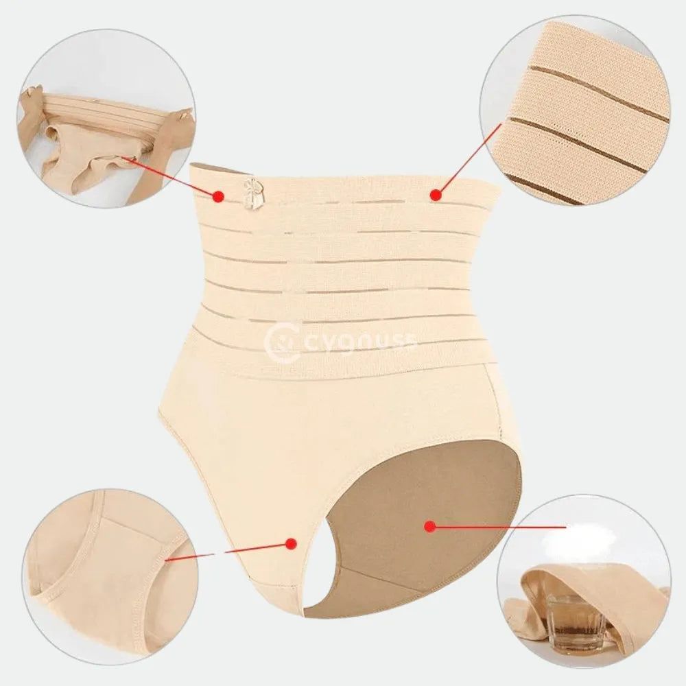 Imagem de uma calcinha modeladora tanga com cinta modeladora que proporciona efeito de compressão na região abdominal. A peça apresenta detalhes de modelagem, incluindo a faixa de elástico que envolve a cintura e os pontos estratégicos de compressão. Ideal para proporcionar uma silhueta
