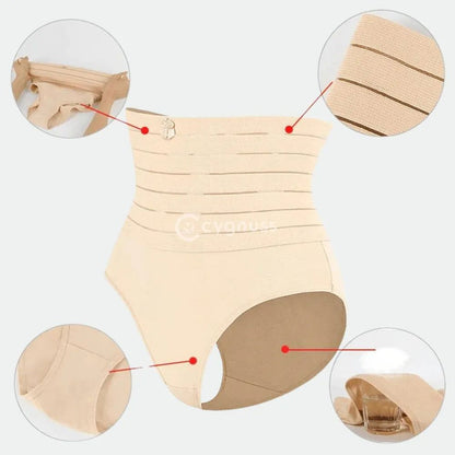 Imagem de uma calcinha modeladora tanga com cinta modeladora que proporciona efeito de compressão na região abdominal. A peça apresenta detalhes de modelagem, incluindo a faixa de elástico que envolve a cintura e os pontos estratégicos de compressão. Ideal para proporcionar uma silhueta
