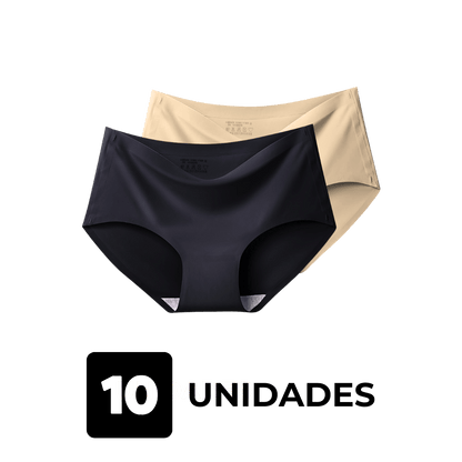 Imagem de duas calcinhas sem costura da Cygnuss, uma na cor preta e outra na cor bege, sobre fundo transparente. A imagem representa um kit com 10 unidades, destacando o conforto e a versatilidade das cores.