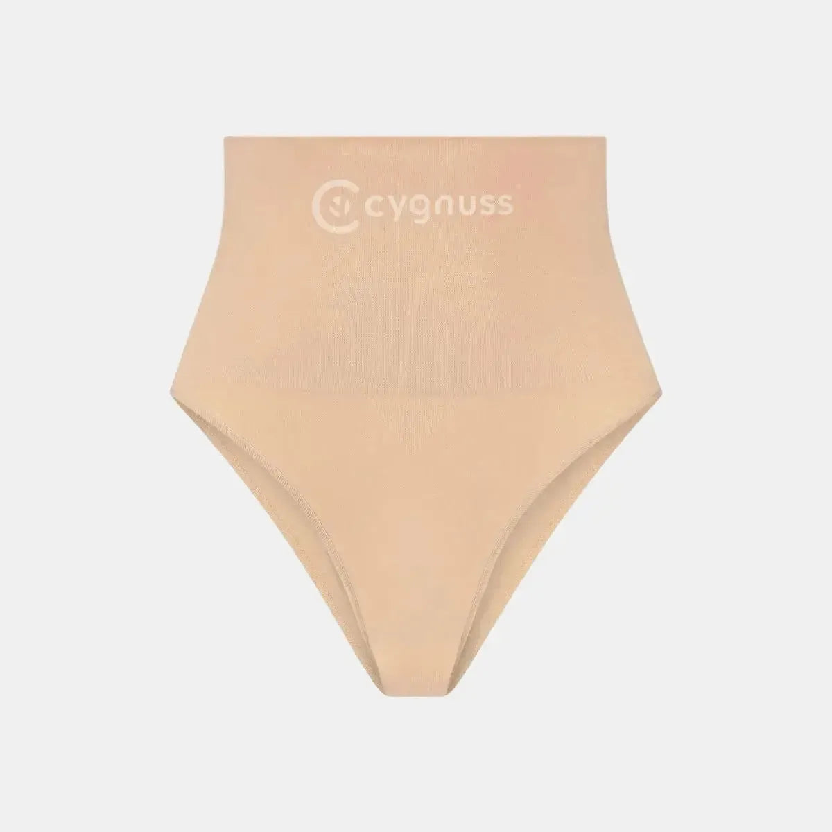 Imagem da Calcinha Modeladora Pêra da Cygnuss, modelo tanga na cor bege, exibida em posição plana sobre fundo branco, com cintura super alta e design que afina a silhueta.