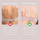 Comparativo entre extensores comuns e os extensores Cygnuss. À esquerda, um extensor comum com poucos ajustes, que marca a pele e não se adapta bem ao sutia. À direita, o extensor Cygnuss com elastico ajustavel, que não marca, é adaptavel e possui ganchos reforcados.