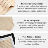 Imagem contendo três seções de texto sobre as características de um produto. A primeira seção fala sobre os "Elásticos de Compressão", destacando seu efeito na região abdominal. A segunda fala sobre o "Tecido de Algodão", destacando conforto e leveza. A terceira seção destaca "Para Todos os Gostos", mencionando a disponibilidade de três opções de cores neutras.