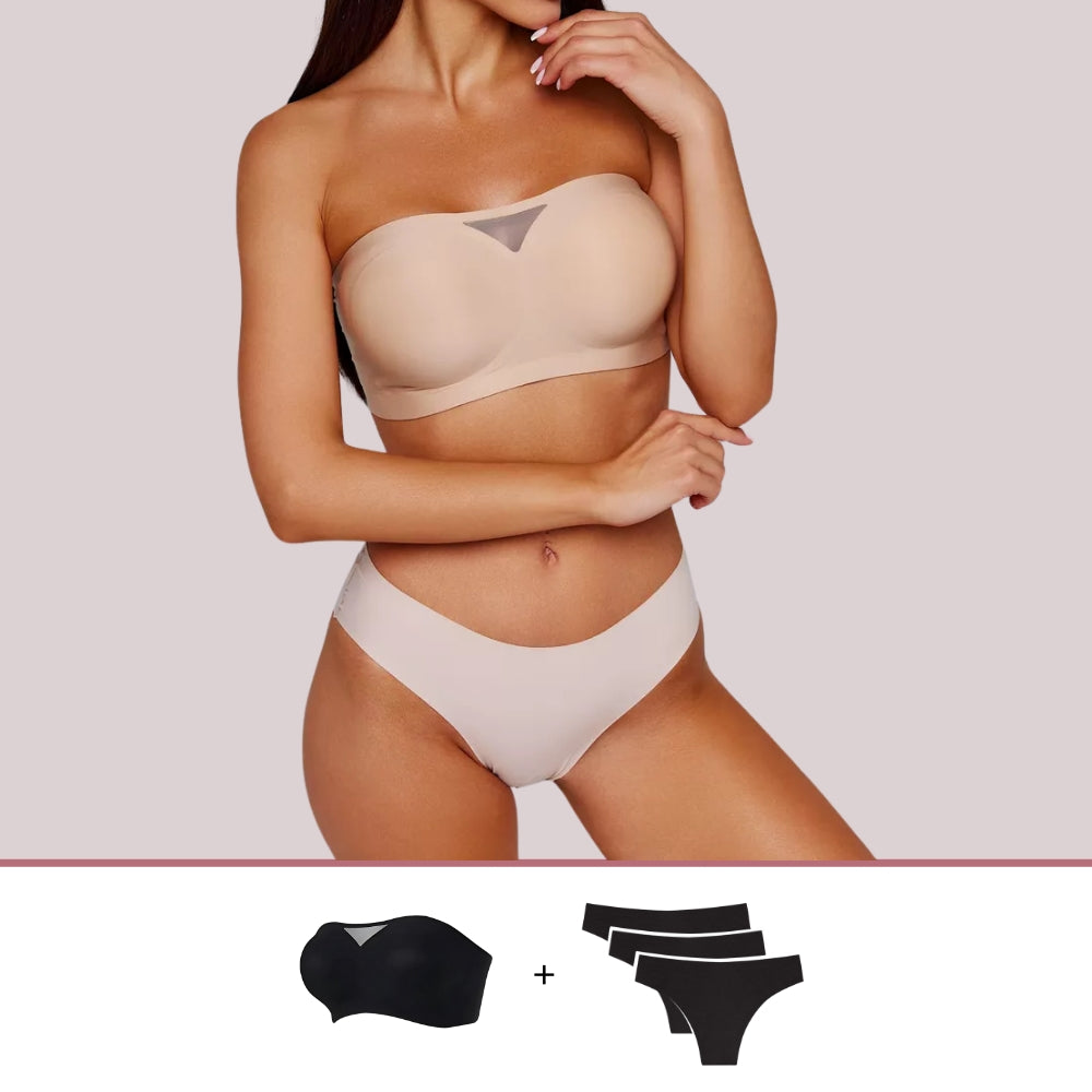 Modelo vestindo sutiã tomara que caia bege com detalhe em tule e calcinha sem costura bege; abaixo, o kit inclui sutiã preto e três calcinhas sem costura.