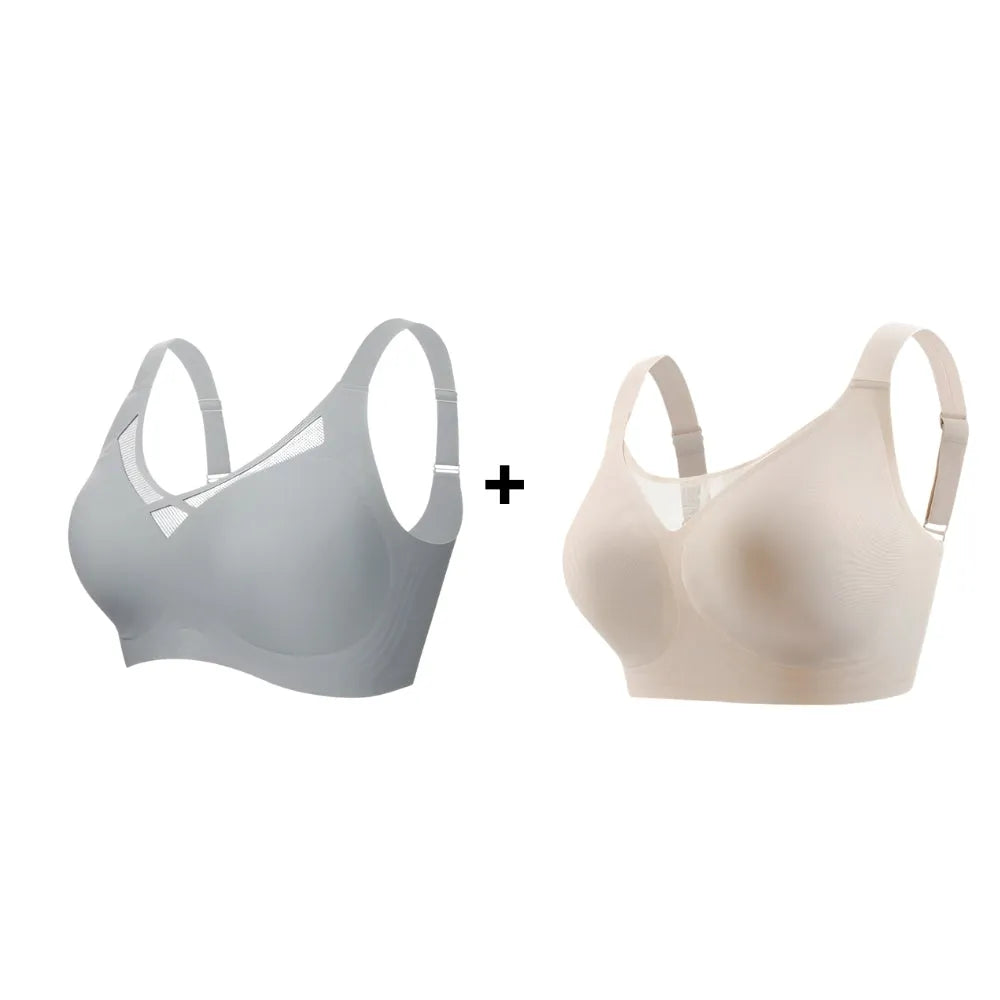 Kit em promoção com dois sutiãs modeladores nas cores cinza e nude; oferece sustentação, conforto extremo e modelagem sem costuras visíveis.