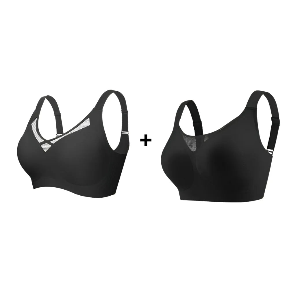 Kit promocional com dois sutiãs modeladores pretos com transparência no decote; ideal para quem busca conforto, sustentação e economia em uma única compra.