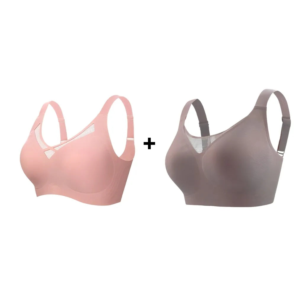 Kit promocional com dois sutiãs modeladores nas cores rosé e chocolate; oferecem sustentação e conforto com tecido premium, sem aros e sem costuras.