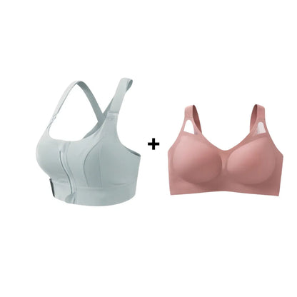 Kit Cygnuss com top de academia azul claro com zíper frontal e top conforto rosé com tule nas alças, ideal para treino e uso diário com sustentação premium.