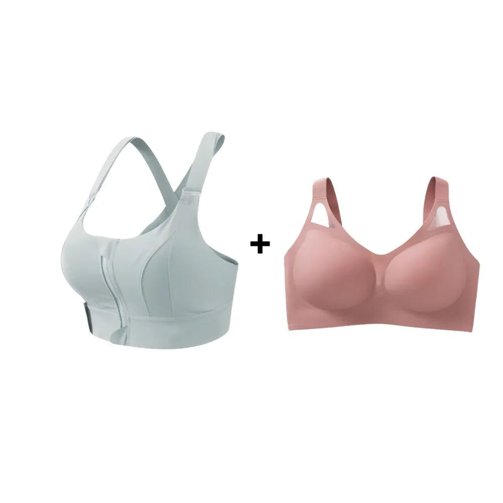 Kit Cygnuss com top de academia azul claro com zíper frontal e top conforto rosé com tule nas alças, ideal para treino e uso diário com sustentação premium.