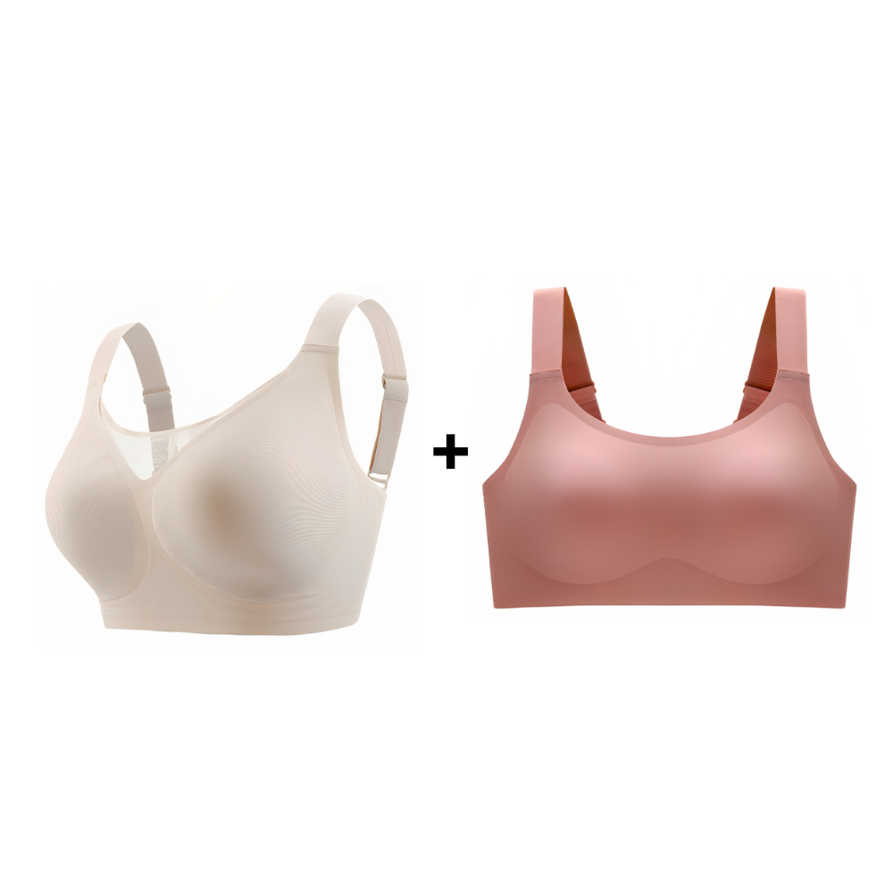 Kit promocional com sutiã plus size bege e rosa, feito com material premium para máximo conforto. Ideal para o uso diário, com sustentação suave e acabamento invisível sob a roupa.