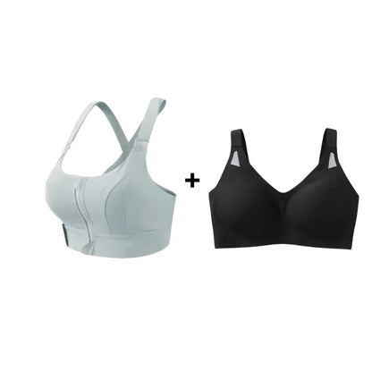 Kit Cygnuss com sutiã esportivo azul claro com zíper frontal e top conforto preto com detalhe em tule nas alças, ideal para treinos e bem-estar diário com qualidade premium.