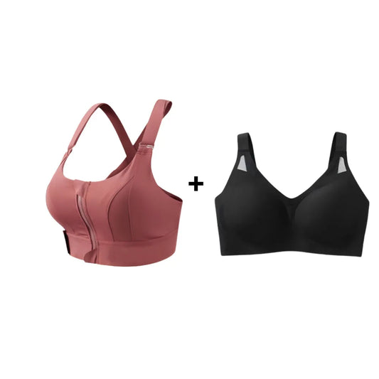 Kit Cygnuss com sutiã esportivo rosado com zíper frontal e top preto com alças em tule, ideal para treinos e rotina com sustentação, conforto e estilo.